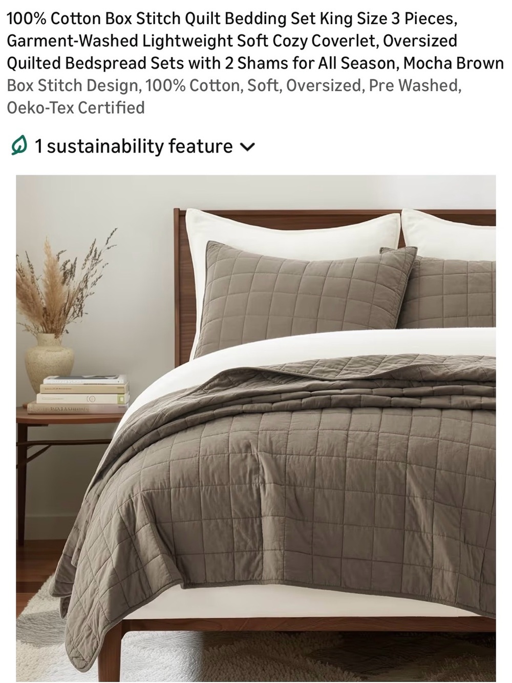 Box Stitch Quilted King Bedding Set - Mocha Brown